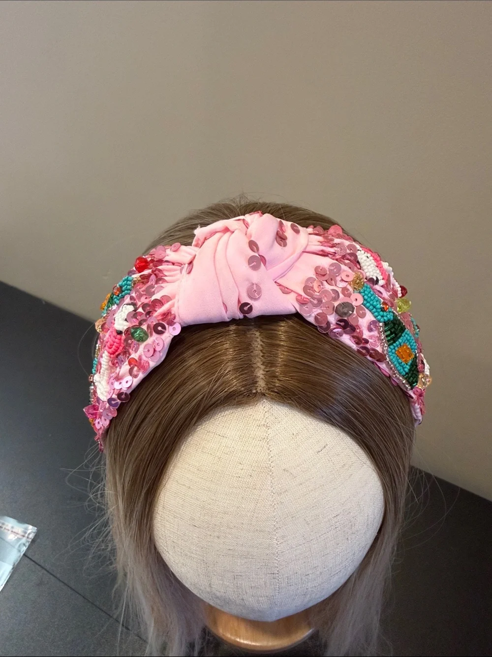 Pink Sequin Beaded Cocktail Headband with Embroidered Motifs party headband